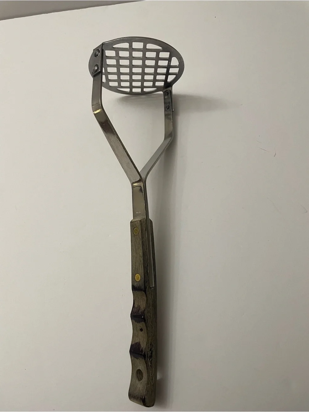 Vintage Japan Stainless Steel Potato Masher Lattice Wooden Handle Retro MCM